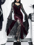 Bjlxn Aesthetic Gothic Midi Dress Women Vintage Elagnt Lace Patchwork See Through Flare Sleeve High Waist Clubwear Dress Femme