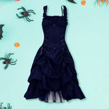 Bjlxn Gothic Style Dress Gothic Witch Halloween Costume Dress with Ruffle Hem Mesh Layers Women's Cosplay Performance Outfit