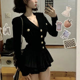 Bjlxn Autumn Korean Fashion Knitted Two-piece Skirt Set Women Casual Single Breasted V-neck Sweater Mini Ruffles Skirt Y2K New Outfits