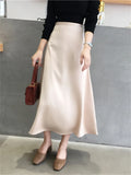 Bjlxn Women Elegant Office Lady Quality Glossy Satin Skirt Plain Shiny Fashion Solid High Waist Female Skirts