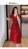 Bjlxn New Fashion Elegant Women V Neck Dress New French Summer Red Short Sleeve Lace Up Slim Waist Office Ladies A Line Vestidos