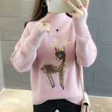 Cute Women Sweater Korean Reindeer Ugly Christmas Sweater Winter Warm Sweaters Fluffy Cashmere Jumper Turtleneck Pullover