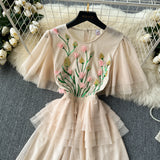 Bjlxn Retro  Elegant Embroidery Dress mesh A-line  korean fashion sweet High Waist Beach Women Summer slim dresses