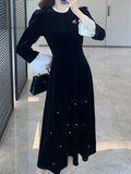 Bjlxn Woman Spring Summer New Elegant Velvet Patchwork Midi A-line Dresses Long Sleeve Lady Party Fashion One Piece Robe