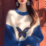 Bjlxn Lazy Style Contrasting Color Klein Blue Soft Women's Sweater Autumn Winter Loose Korean Version Butterfly Printed Top for Women