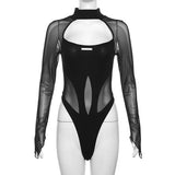 Bjlxn Goth Dark Sheer Mesh Patchwork Cyber Y2k Bodysuits Hollow Out Moto Biker Bodycon T-shirts Women Gothic Punk Long Sleeve Bodysuit