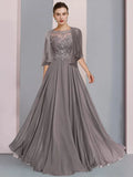 A-Line Mother of the Bride Dress Formal Wedding Guest Neck Floor Length Chiffon Lace Half Sleeve Wrap Included with Pleats