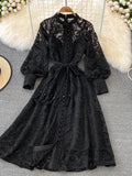 Bjlxn Vintage Court Style Lace Dress Women Elegant Hollowed Out Lantern Long Sleeve Slim Party Dresses Ladies Beige Black Long Robe