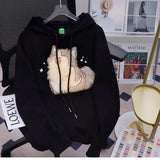 Bjlxn 2024 Spring Winter Embroidery Cat Print Pullover Cute Cartoon Street Hoodies Women Men Loose Couples Clothes Versatile Top