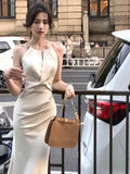 New Summer Stain Women Midi Dress Elegant Sleeveless Solid Halter Slim Mermaid Evening Party Dresses Prom Robe One Piece Vestido