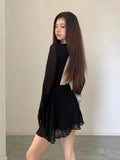 Bjlxn Backless Black Dress Women Elegant Back Hollow Out Lace-up Long Sleeve Mesh Patchwork Sexy Slim Ruffle Mini Dress Party