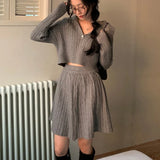 Bjlxn Korean Fashion Two-piece Set Women Pullover Turn-down Collar Crop Top Mini Skirt Solid Casual Suit Autumn New Knitwear Outfits