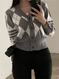 Japanese School Uniform Ladies Sweaters Cute Top Argyle Cropped Cardigan V Neck Preppy Style Knit Sweater Pull Femme