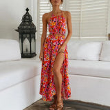 Bjlxn Summer 2024 European And American Women's Halter Red Print Sexy Halter Waist Swing Beach Dress