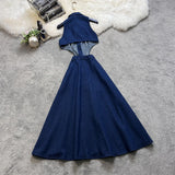 Bjlxn Women Summer Retro Turn-down Collar Denim Dress Hollowed Out Split High Waist Jeans Skirts