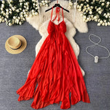 Bjlxn Retro Ruffle chiffon halter off shoulder backless Dress asymmetrical Casual sweet High Waist evening Women Summer dresses