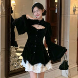 Bjlxn Y2K Gothic Black Mini Dresses Women Flare Sleeve O-neck Hollow Out Ruffles Patchwork A-line Korean Chic Party Dress Autumn New