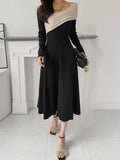 Korean style Sweet Women Long Sleeve V-neck Slim Dress Spring Autumn New Chic Irregular Knitted Stitching A-line Dresses