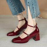 Bjlxn red mary jane shoes heels Women's Shoes Mary Jane 2024 Spring summer New Thick-heeled High-heeled Retro Square Toe Pumps