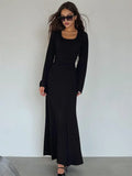 Bjlxn Scoop Neck Lace-Up Ribbed Maxi Dress Female Long Sleeve Fashion Slim Loose Bandage Dress Autumn Solid Women Dress New