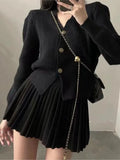 Bjlxn Casual Knitted 2 Piece Set Single Breasted V-neck Top + High Waist Mini Pleated Skirt Autumn Spring Korean Fashion Solid Outfits