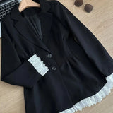 Bjlxn Elegant Black Suit Dress Women Lace Patchwork Blazer Dress Turn-down Collar Slim Korean Fashion Y2K Autumn New Mini Vestidos