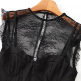 Bjlxn  Woman Black Patchwork Lace Blouse For Women Autumn Lady Sleeveless O-Neck Vest Crop Corset Tank Top Elegant Sexy Shirt