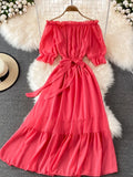 Bjlxn Beach Dress Women Sexy Off The Shoulder Slash Beach Chiffon Dresses Ladies Elegant A Line Bandage Party Dress Long Robe