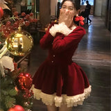 Bjlxn Elegant Velvet Lace Ruffles Patchwork Short Dresses for Women Long Sleeve A-line Korean Fashion Christmas Birthday Party Dress