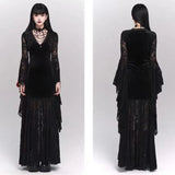 Bjlxn Gothic Black Midi Dresses Women V-neck Irregular Flrae Sleeve Y2k Vintage Lace Bandage Dark Style Harajuku Fashion Clothing New