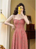 Bjlxn Elegant Plaid Midi Dress Women French Vintage Spaghetti Strap A-line Spring Summer Holiday Beach Style Prom Robe Vestidos Mujer