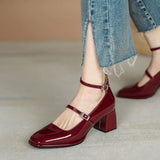 Bjlxn red mary jane shoes heels Women's Shoes Mary Jane 2024 Spring summer New Thick-heeled High-heeled Retro Square Toe Pumps