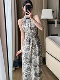 Bjlxn Summer New Vintage Print Sleeveless Midi Dresses for Women Fashion Slim Female Vestdios Lady Elegant Party Bodycon Clothing