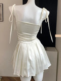 Y2K Satin Short Dress with Belt Chain Women New Summer Solid Spaghetti Strap Slim A-line Pleated Korean Chic Sexy Party Dresses