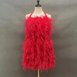 Bjlxn Lady Fashion Summer Feather Dress Sexy Backless Women's Dress Strap Medium Length Ostrich Feather S5659