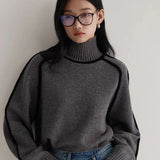 Bjlxn 2024 Autumn/Winter New Loose Fit Turtleneck Pullover Sweater for Women, Striped Academy Style, Korean and Japanese Fashion