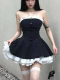 Bjlxn Y2K Birthday Party Dress Strapless Patchwork Ruffles A-line Short Dresses for Women French Ball Gown One Piece Vestido Mujer