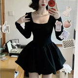 Bjlxn Elegant Black Mini Dresses for Women Square Collar Long Sleeve A-line Korean Fashion Y2K Autumn New One Piece Mini Vestidos