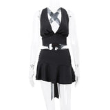 Bandage A-Line Skirts 2 Piece Sets Club Outfits for Women Sexy Halter Crossed Ties Top and Skirt Matching Sets