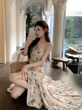 French Romantic Gentle Style Long sleeved Butterfly Print Dress Slim and High Sexy Hanging Strap Fishtail Dress 2024 Summer New