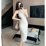 Bjlxn Elegant Chic White Midi Dress for Women French Vintage Summer High Waisted Sleeveless Sling Slim Sexy Party Evening Dresses