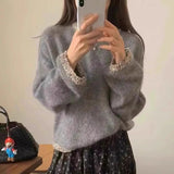 Bjlxn Vintage Fashion Knitwear Korean Style Sequined Patchwork Loose Long Sleeve Pullover Sweater Women 2024 Autumn Winter