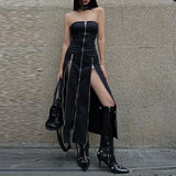 Bjlxn  Goth Dark Techwear Fashion Zip Up Midi Dresses Cyber Y2k Mall Gothic Split Women Tube Dress Partywear Punk Off Shoulder Outfits