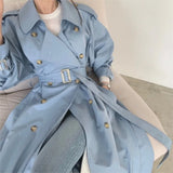 Bjlxn Women Long Trench Coat New Spring Autumn Casual Lapel Double Breasted with Belt Loose Coat Office Lady Korean Fashion Outerwear