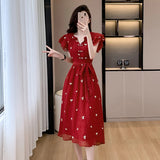 Bjlxn New Fashion Elegant Women V Neck Dress New French Summer Red Short Sleeve Lace Up Slim Waist Office Ladies A Line Vestidos