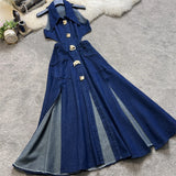 Bjlxn Women Summer Retro Turn-down Collar Denim Dress Hollowed Out Split High Waist Jeans Skirts