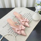 Bjlxn Fairy Style Pink Cool Slippers for Women's Summer 2024 French Pointed Bow Hollow High Heels, Half Wrapped Women's Slippers