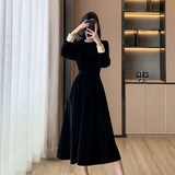 Bjlxn Woman Spring Summer New Elegant Velvet Patchwork Midi A-line Dresses Office Lady Long Sleeve Party Fashion One Piece Robe