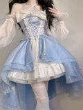 Bjlxn French Romantic Style Lolita Op Elegant Girl Cosplay Princess Puff Sleeve Ribbon Bowknot Flower Tunic Mesh Fantastic Fairy Dress