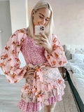 Bjlxn Flordevida pink floral patchwork spring summer dress long sleeve V-neck tiered ruffled dress women elegant ladies party dress